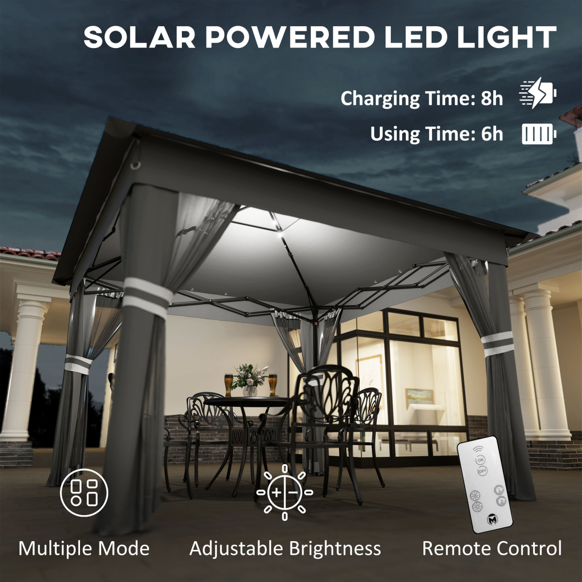 Outsunny 3x3(m) Pop Up Gazebo w/ Solar-Powered LED Lights Curtain Netting Grey