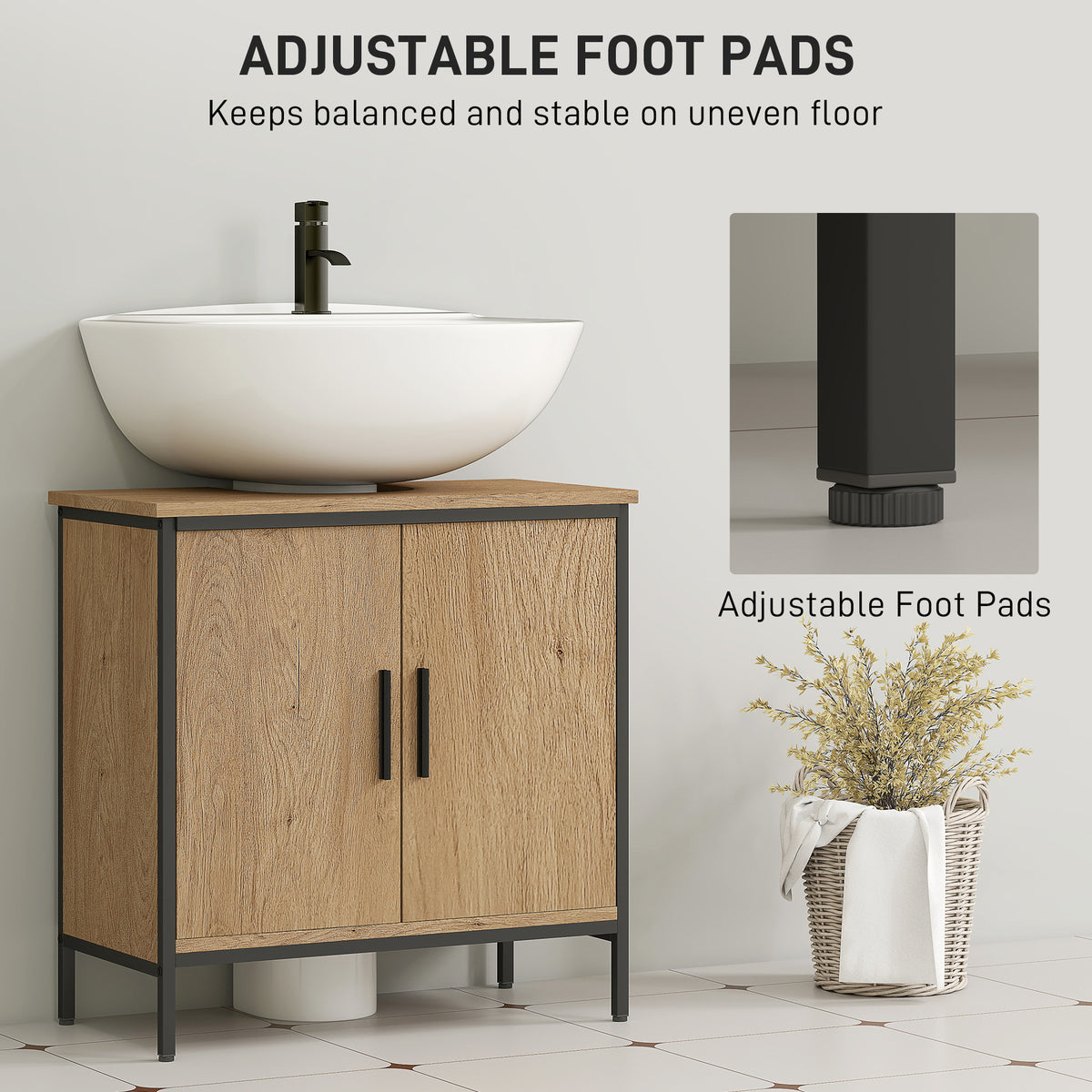 HOMCOM Bathroom Vanity Unit, Under Sink Storage Cabinet with 2 Doors, Adjustable Shelf for Basin without or with Pedestal, Oak