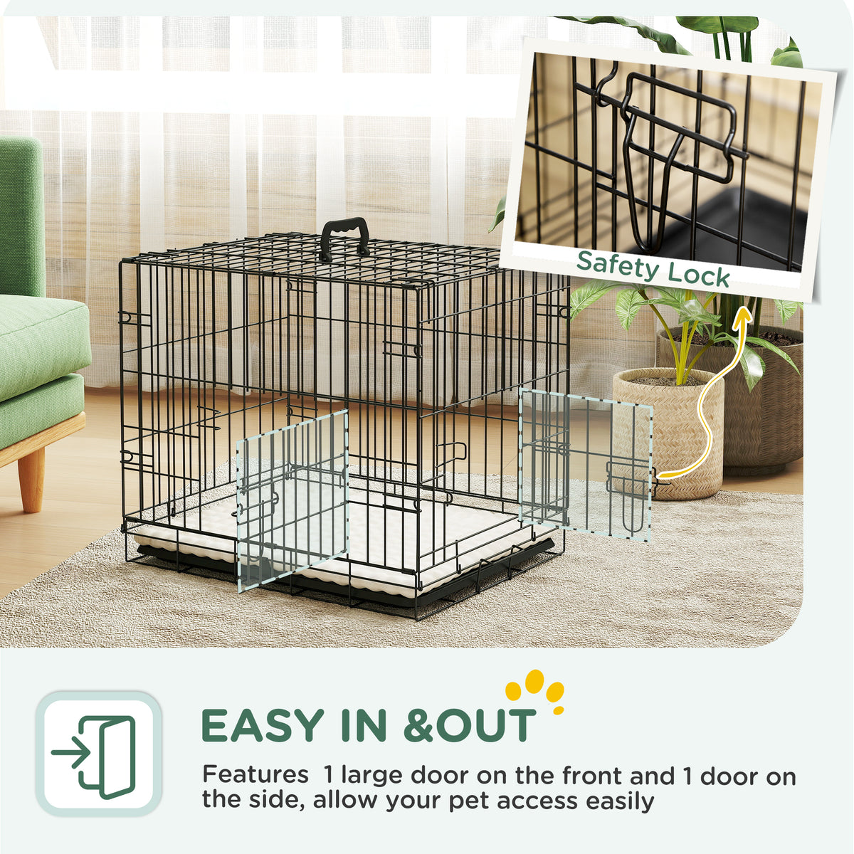 PawHut Foldable Dog Crate with Two Doors with Tray, Soft Cushion, for Extra Small Dogs, 60 x 45 x 50, Black