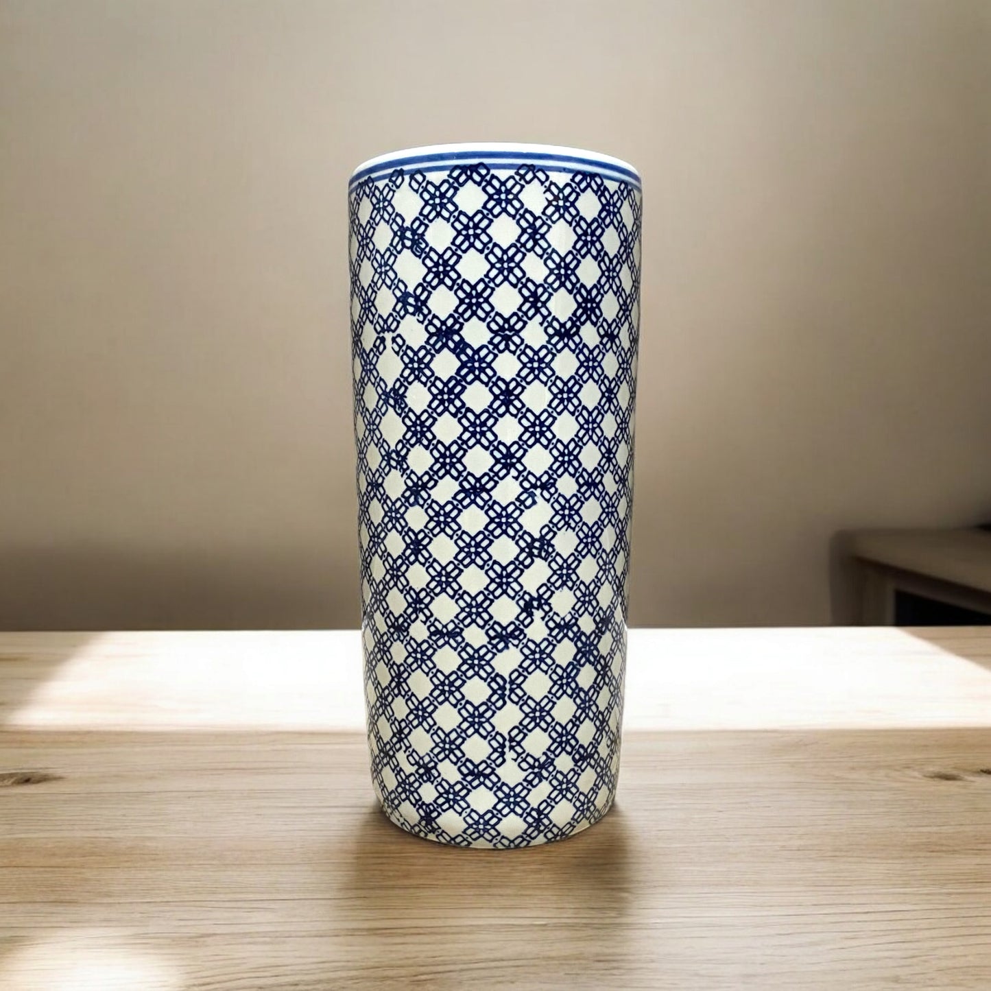 AcaciaHome Durable Ceramic Round Umbrella stand–Perfect Holder for Home, Office, & Entryway - Adds a Sophisticated Touch to Living Spaces for Canes, & Walking Sticks (Blue & White Square print)