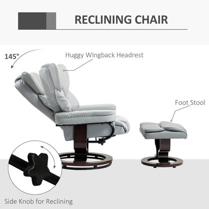 HOMCOM 360° Swivel Recliner Chair with Footstool, PU Leather Manual Recliner Armchair with Footstool, Solid Wood Base, Upholstered Reclining Chair for Living Room, Bedroom, Office, Light Grey
