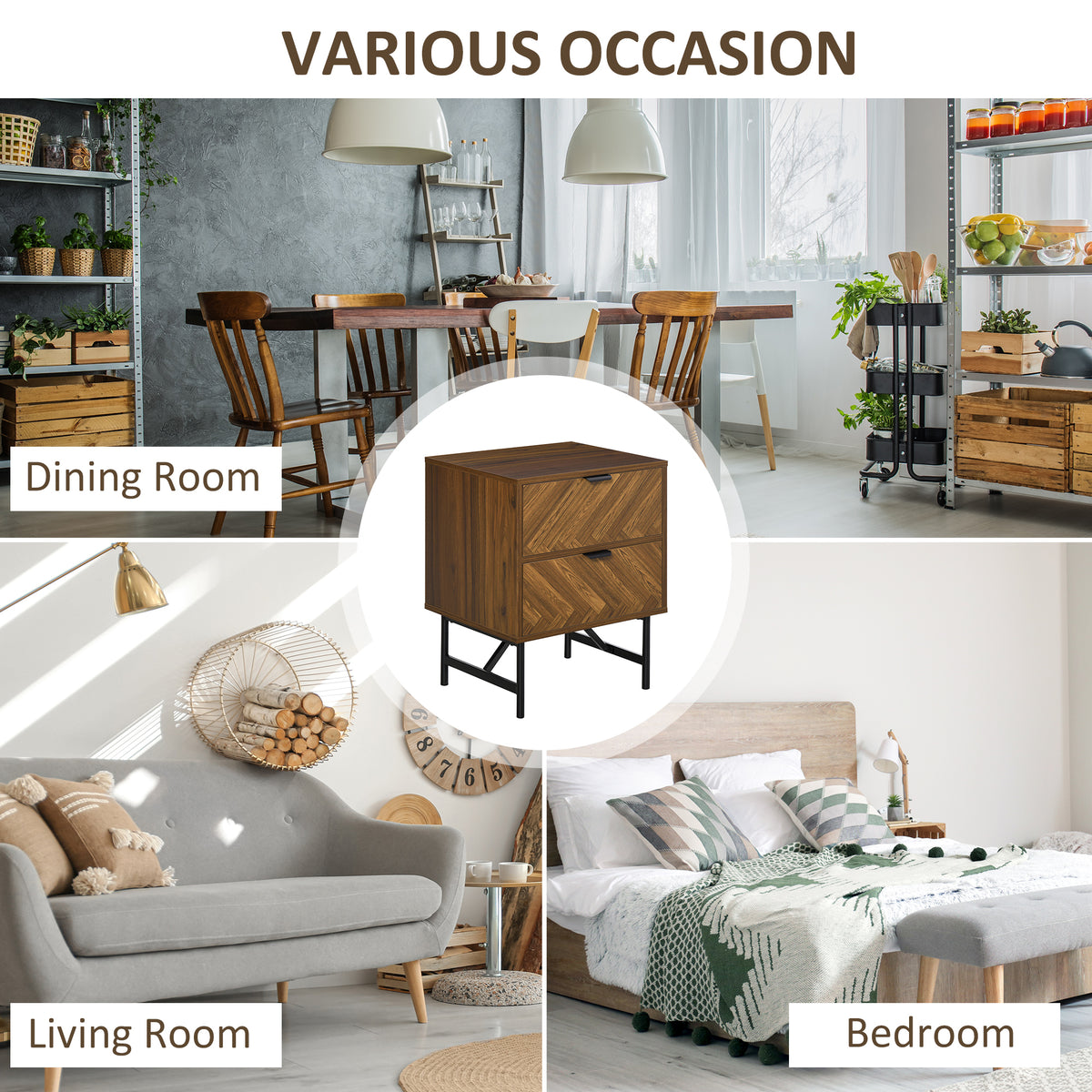 HOMCOM Bedside Table with Two Drawers, Side Cabinet Storage Unit with Metal Handles, Organisation Furniture for Living Room, Bedroom, Walnut Brown