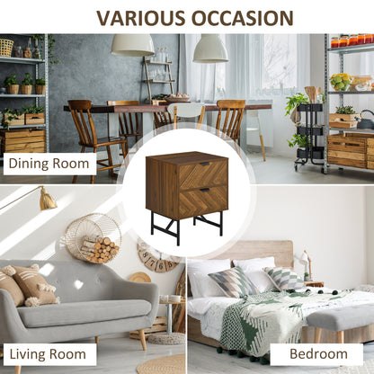 HOMCOM Bedside Table with Two Drawers, Side Cabinet Storage Unit with Metal Handles, Organisation Furniture for Living Room, Bedroom, Walnut Brown