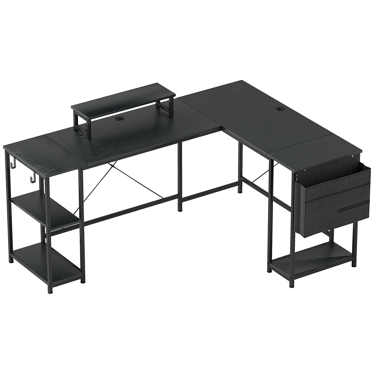 HOMCOM 168cm Reversible L Shaped Desk, Industrial Corner Computer Desk with Adjustable Shelf and Storage Bag, 240cm 2 Person PC Table with Monitor Stand, Black