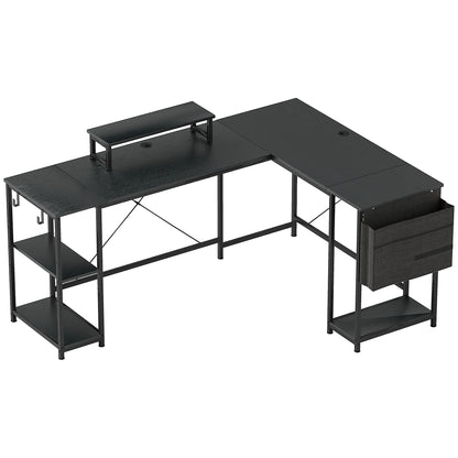 HOMCOM 168cm Reversible L Shaped Desk, Industrial Corner Computer Desk with Adjustable Shelf and Storage Bag, 240cm 2 Person PC Table with Monitor Stand, Black