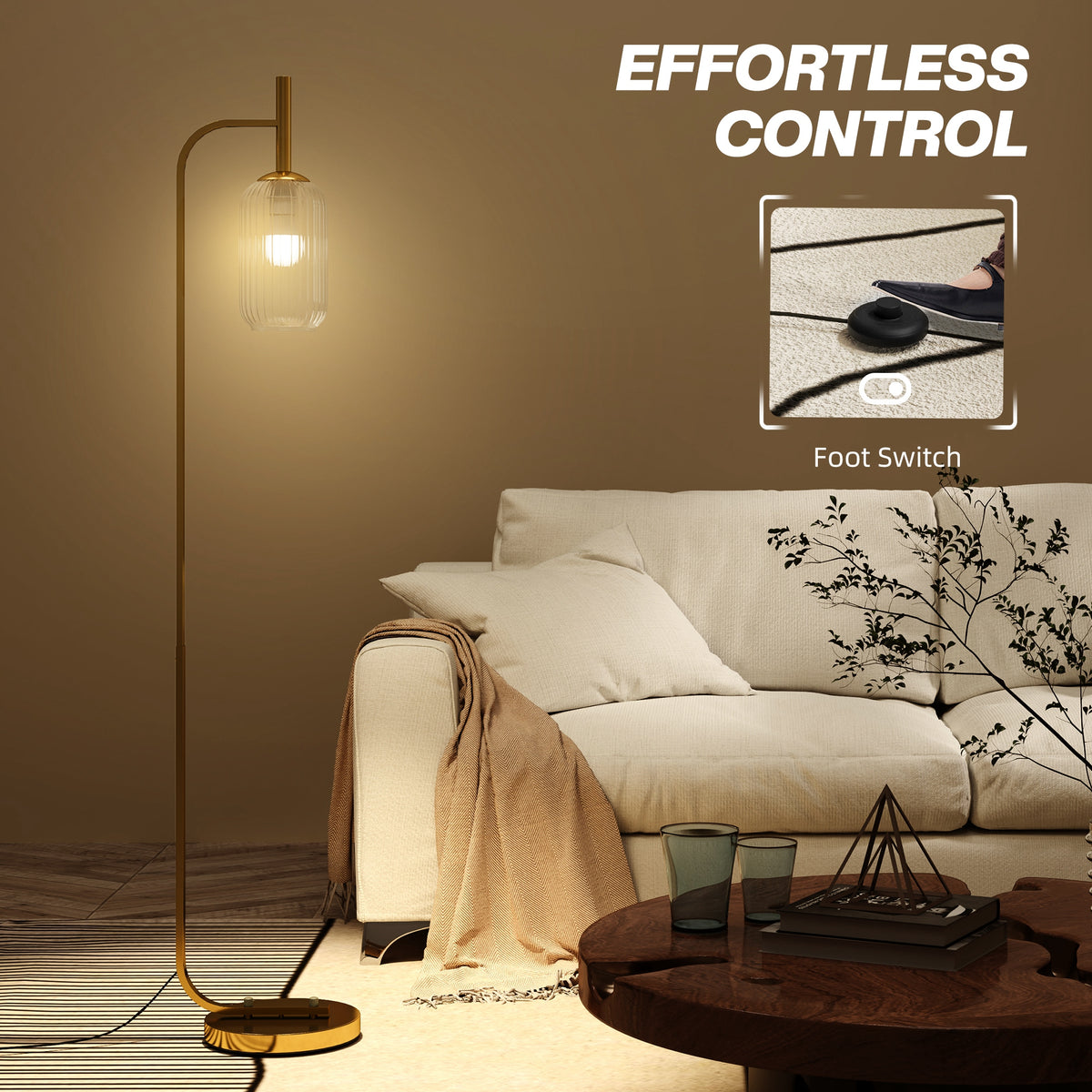 HOMCOM Floor Lamp for Living Room with Glass Lampshade, Modern Standing Lamp with Foot Switch for Bedroom, Bulb not Included, Gold Tone