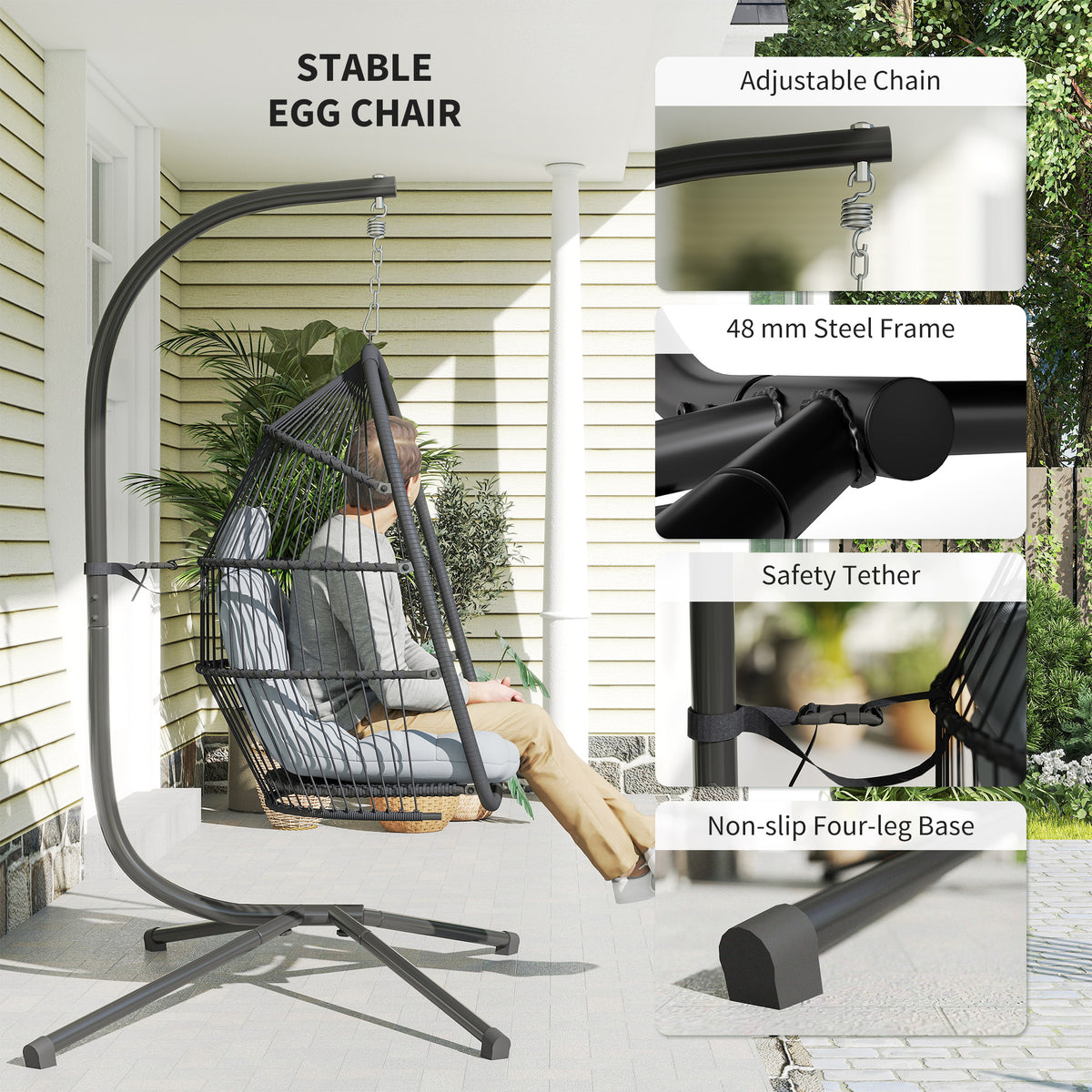 Outsunny Rattan Hanging Egg Chair with Stand, Foldable Wicker Swing Egg Chair with Cushion, Head Pillow, Steel Frame, Hammock Chair for Indoor Outdoor, Capacity 150 kg, Dark Grey