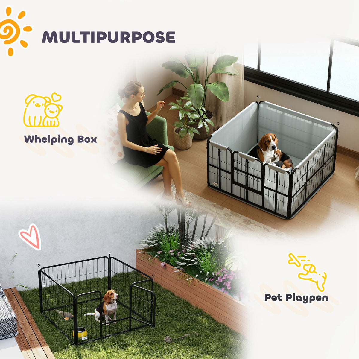 PawHut Steel Dog Whelping Box with Washable Whelping Pad, Wind-Resistant Cloth, for Small, Medium Dogs, 102 x 102 x 60cm