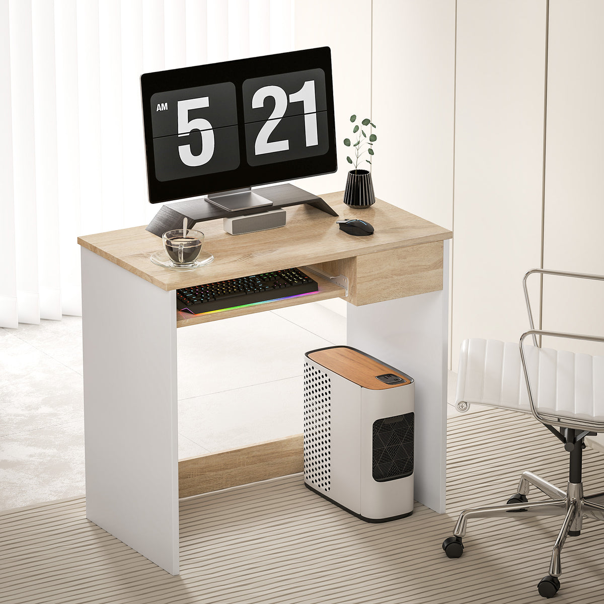 HOMCOM 80cm Compact Computer Desk with Keyboard Tray, Home Office Desk with Drawer for Bedroom Study, Oak