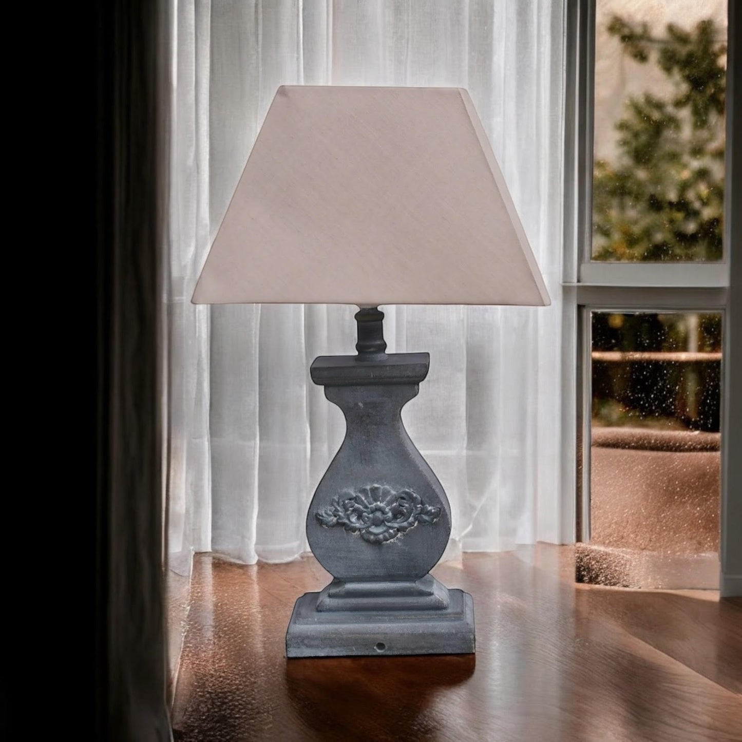 Modern Tall Wooden Washed Table Lamp - Traditional Shabby Chic Design with Taupe Linen Shade, Wood Effect Finish for Living Rooms, Bedrooms, or Hallways Decor (32cm Light Blue with Cream Shade)