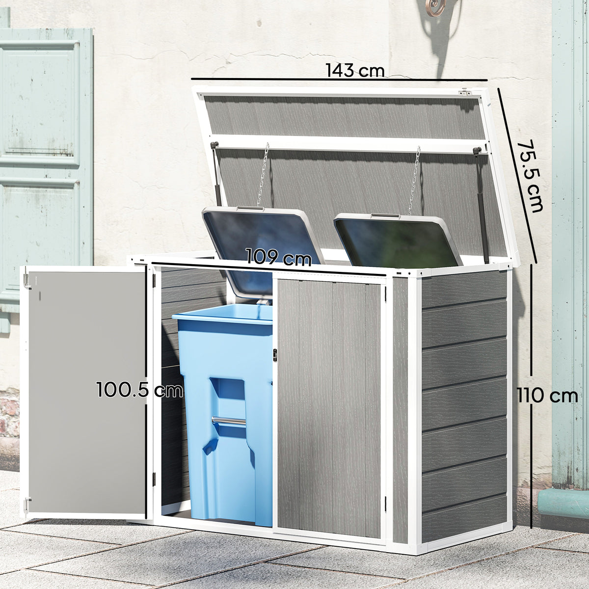 Outsunny 4.7 x 2.5FT Garden Shed, Double Bin Storage Shed with Lockable Doors, Outdoor Small Shed with Openable Lid for 2 Rubbish Bins, Garden Tools, Grey
