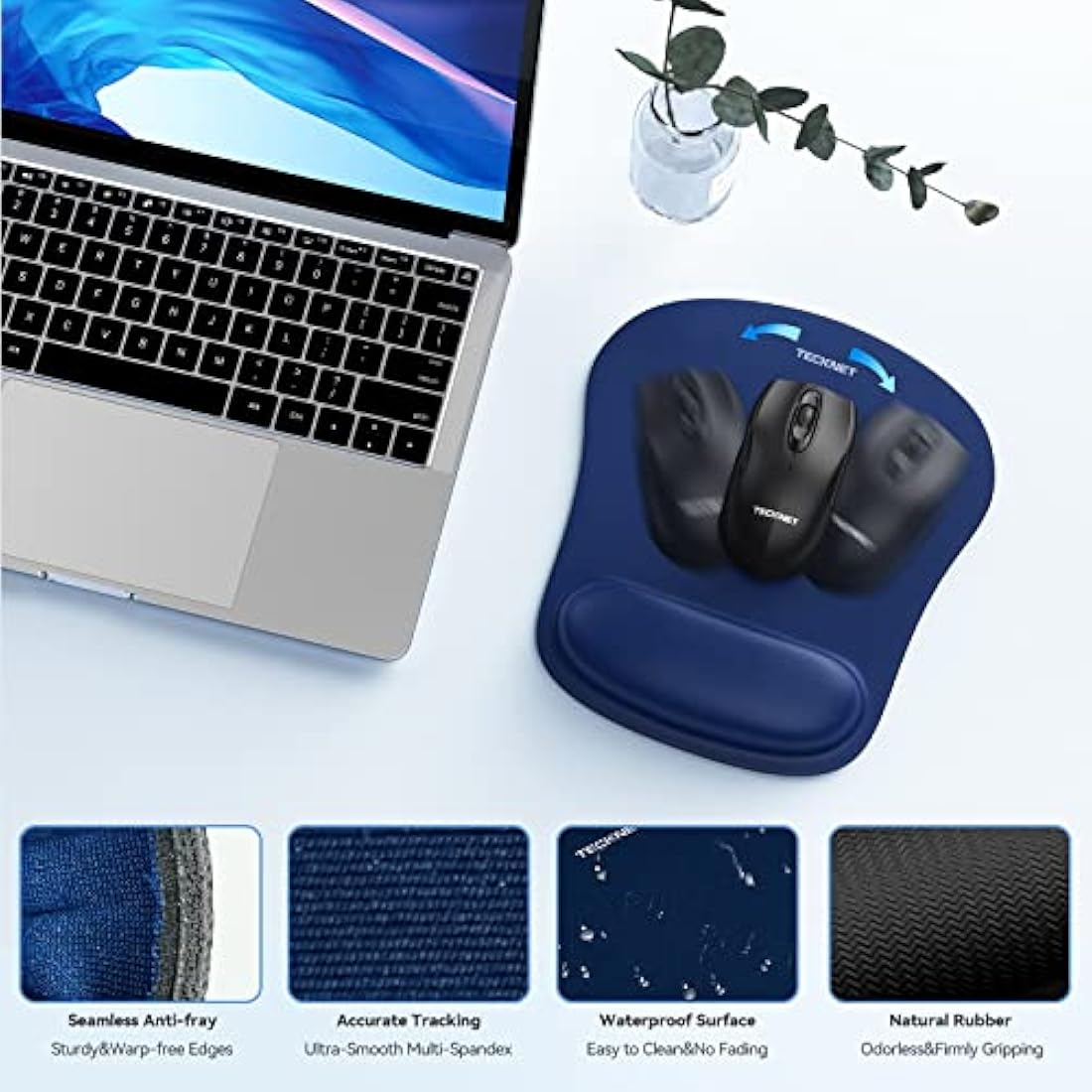 TECKNET Wrist Rest Mat, Keyboard and Mouse Wrist Support Pad Set, Comfortable Memory Foam Mouse Mat with Wrist Cushion Support, Anti-Slip Ergonomic Mouse Pad for Computer Laptop Working Gaming