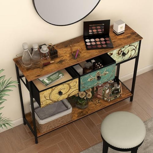 VEDECASA Console Table for Hallway Slim Console Table with 3 Drawers for Entryway with Storage Shelves for Small Spaces Living Room Metal Frame Wooden Top Easy Assembly Rustic Brown