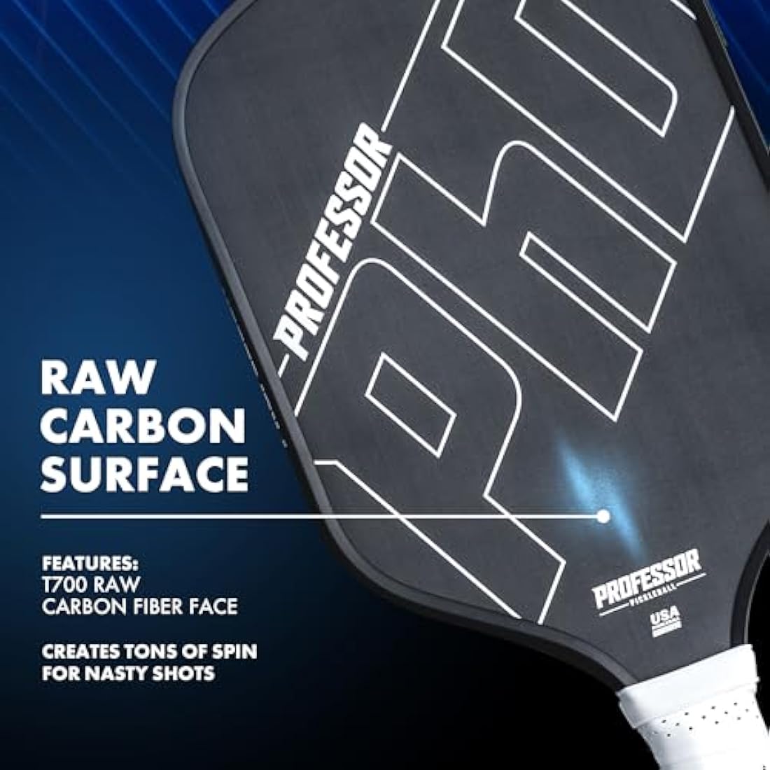 Professor PhD Raw Carbon Fiber Premium Pickleball Paddle Racket - USA Pickleball Approved - Honeycomb Core - Power & Control