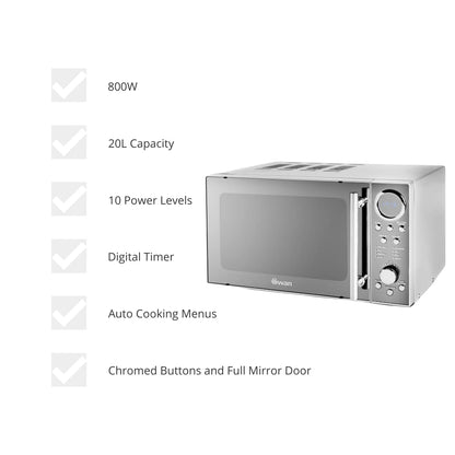 Swan SM3080LN with Glass Turntable, 10 Power Levels, Mirrored Door, 20L, 800W, Silver