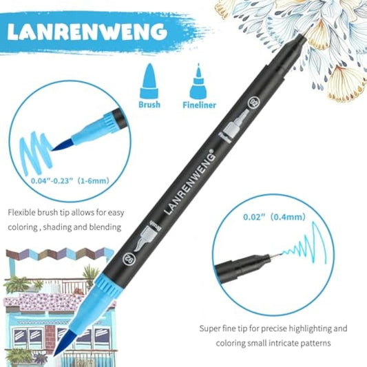 120 Colors Dual Tip Colouring Pens Brush Pens Fineliners Art Markers, Watercolor Marker and Highlighters with Canvas Bag for Adult Coloring Books Drawing Sketching Bullet Journal Calligraphy