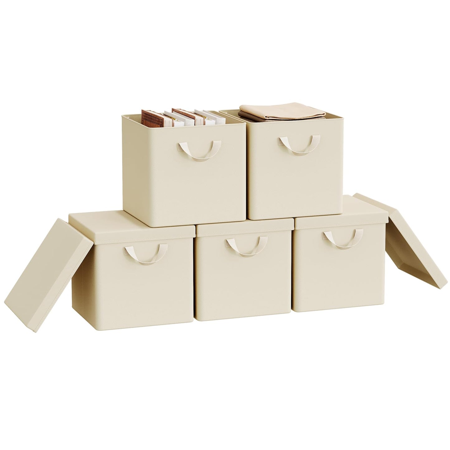 WOLTU Fabric Storage Boxes Set of 5, Folding Baskets with Lids, Handles, Metal Frame, Wardrobe Toy Organisers for Living Room, Bedroom, Office, Cream