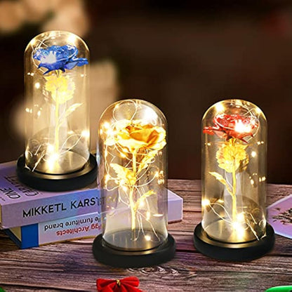 TINYOUTH Golden Rose in Glass Dome Black Wooden Base, Light Up 24K Eternal Rose Batteries Included for Wedding Anniversary Mama Valentines Christmas Birthday