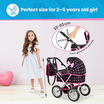 Kinderplay Dolls Pram | Toy Pram | Baby Doll Pram - Toy Pushchair | Dolls Buggy | Dolls Pushchair | Doll Stroller with Adjustable Handle (33-63 cm), model KP0261R
