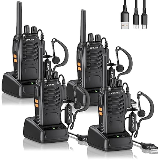 JUCJET Walkie Talkies 2023 Upgraded 88E Walkie Talkie Long Range for Adults with Earpieces, 16 Channel Handheld 2 Way Radio Rechargeable with Flashlight Li-ion Battery and Charger(4 Pack)