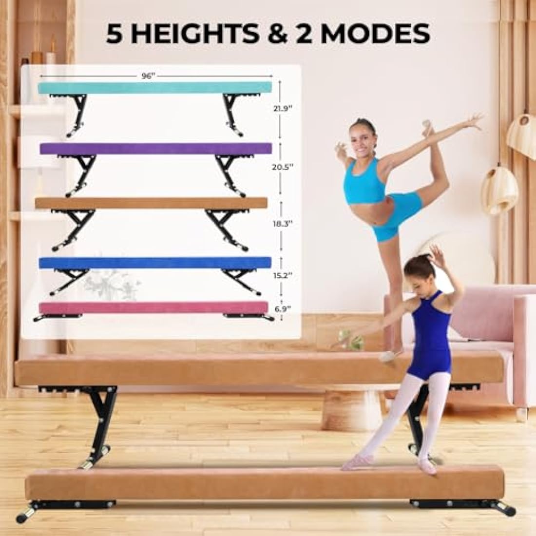 SportBob Gymnastics Beam 8ft High and Low Floor Balance Beam with 5 heights Adjustable, Gymnastics Balance Beam for Kids Children Girls Training, Home Gym Equipment for All Gymnastic