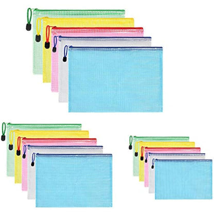Vicloon Plastic Wallets, 15Pcs A3 A4 A5 Zip Lock Bags Mesh Document Wallet Document Folders Plastic Pockets Zipper File Wallet for School Office Homework Storage Bags