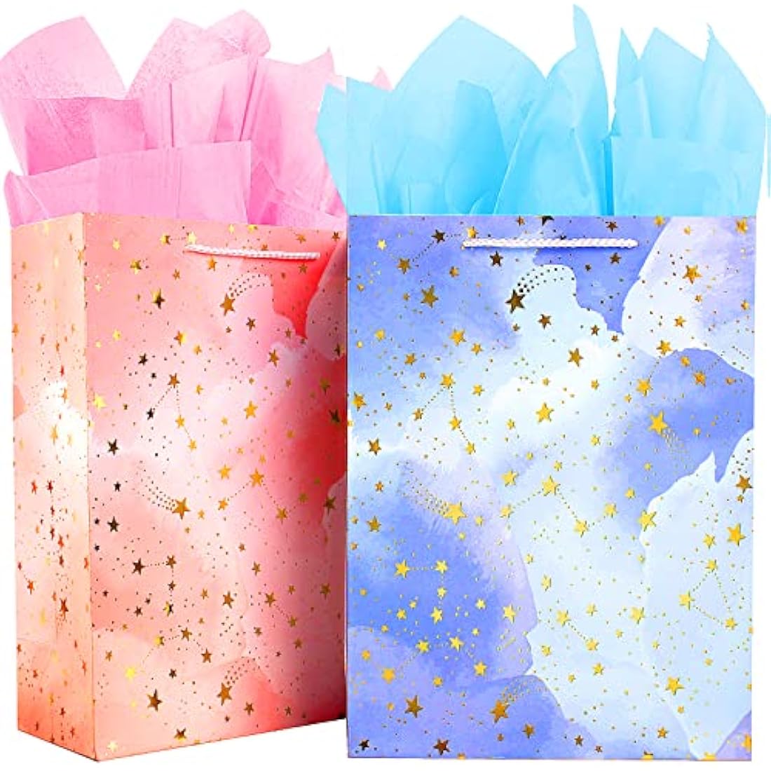 Gift Bag Large-2 Gift Bags with FREE 4 Tissue Paper-Birthday Gift Bag Set with Handle-Paper Gift Bags for Present-Pink and Blue Gift Bags for Women Men Kids Boy Girl Present Bag for Birthday Party Bag