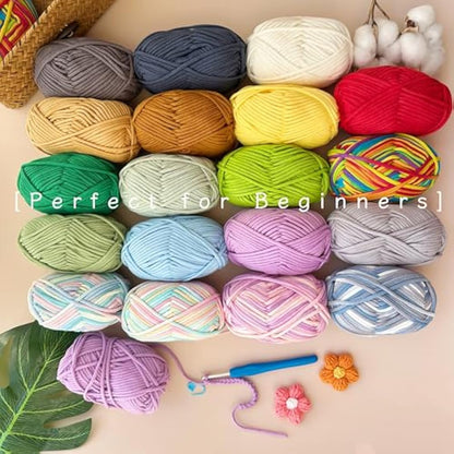 Chunky Cotton Yarn for Crochet, 12x50g Thick Wool for Amigurumi, Easy Crochet Starter Kit with 4mm Hook, Green