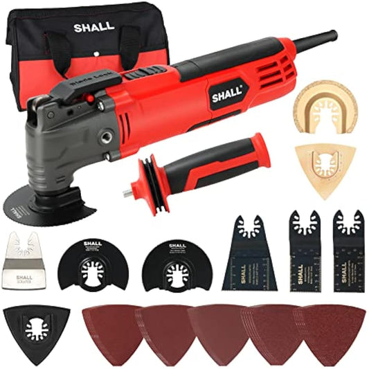SHALL Oscillating Tool, 500W Oscillating Multitool Kit with 5° Oscillation Angle, Quick Change & Kickback Protection, 6 Variable Speeds, Auxiliary Handle, 34Pcs Saw Accessories and Carry Bag Included
