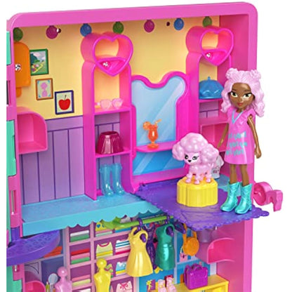 Polly Pocket Playset & 2 Dolls (3-inch), Candy Style Fashion Drop Vending Machine, 2-Stories, 35+ Pieces of Furniture, Clothes & Accessories, HKW12
