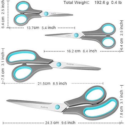Asdirne Scissors, Stainless Steel Blades, Soft Grip Handle, Suitable for Households,Offices and Schools, Blue/Grey, 4 pcs/Pack