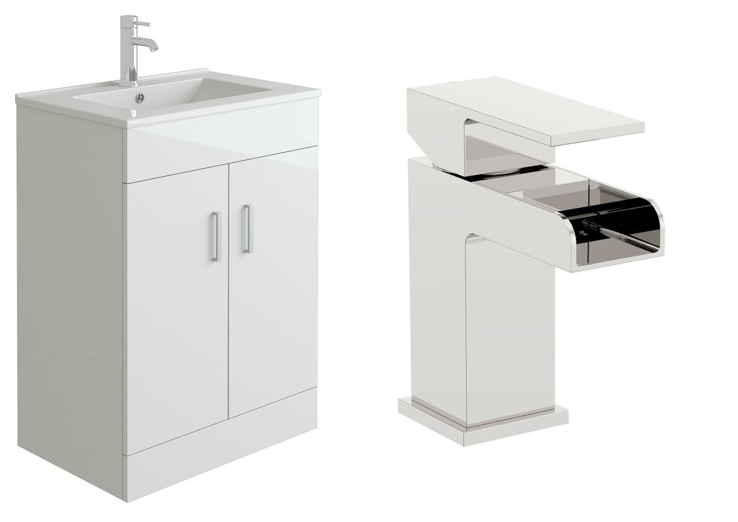 VeeBath Sphinx 600 Vanity Unit with Basin and Waterfall Mixer Tap, Floor Standing Cabinet Rectangular Ceramic Wash Basin for Bathroom Furniture with