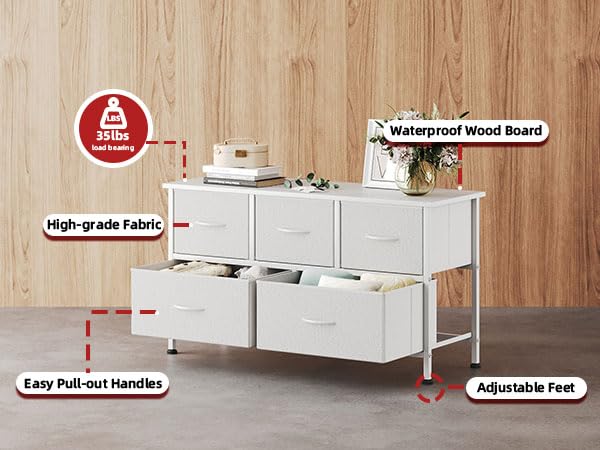 CAIYUN Chest of Drawers with 5 drawers, White Fabric Dresser with Wood Top for Bedroom, Living Room, Large Storage Space