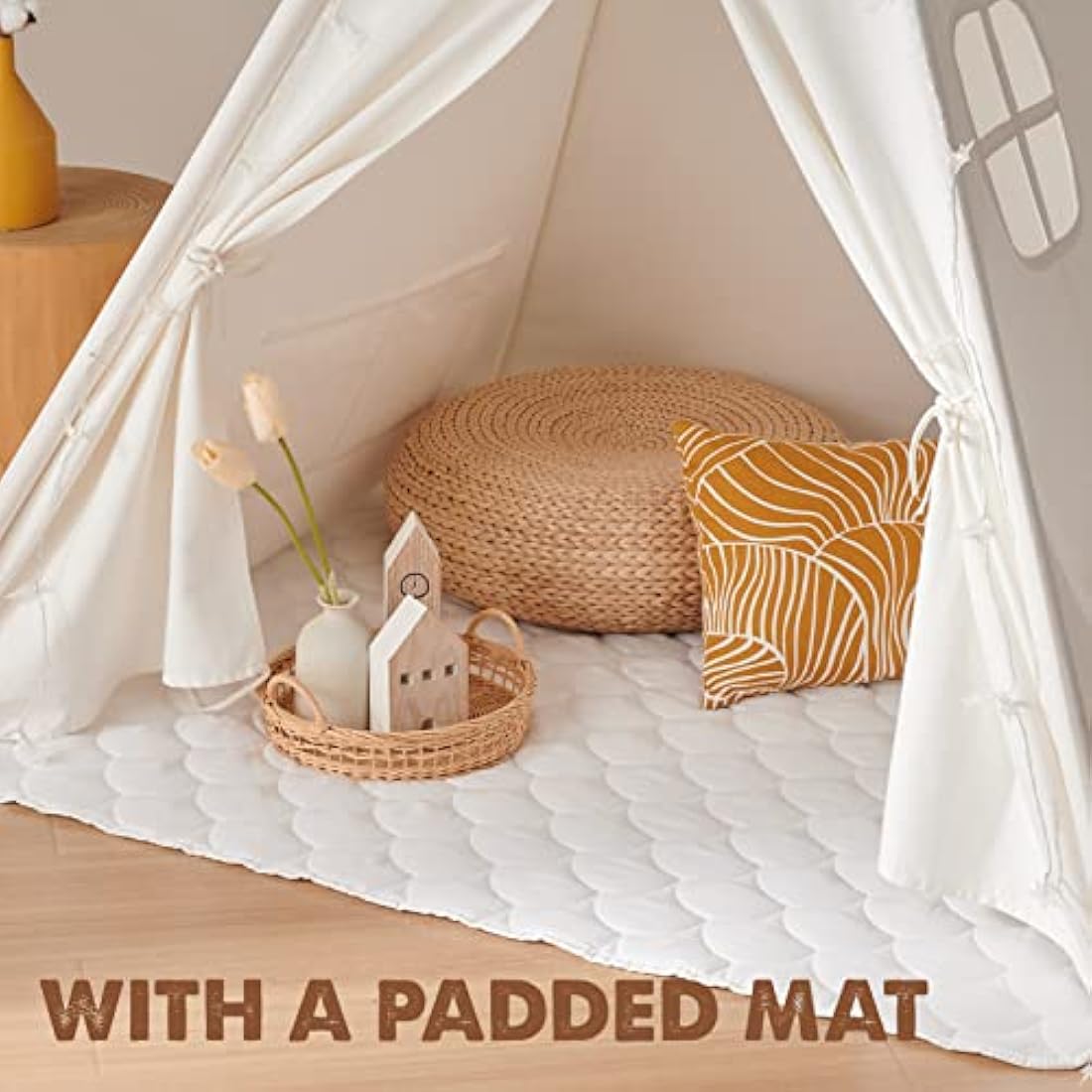 Tiny Land Kids Teepee Tent with Padded Mat & Light String& Carry Case- Kids Foldable Play Tent for Indoor Outdoor, Raw White Canvas Teepee - Kids Playhouse - Portable Kids Tent,Off-White 1.6m