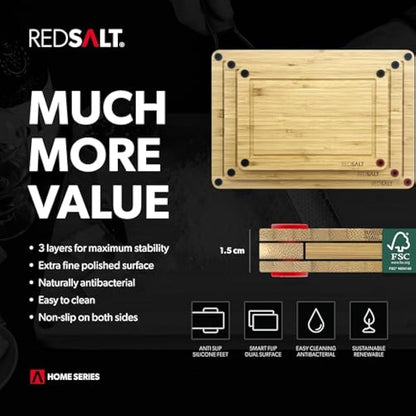 REDSALT® Innovative Organic Bamboo Wooden Chopping Board, Set of 3, Non-Slip, 38 x 26, 32 x 22, 26 x 18 cm Wooden Sustainable Kitchen Board Reversible Antibacterial Deep Juice Groove, FSC Gift BBQ
