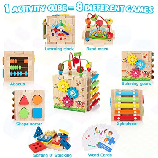 Wooden Activity Cube | 8-in-1 Montessori Toys for 12M+ Toddlers, One Year Old First Birthday Gift, Baby Toy Set with Bonus Sorting & Stacking Board (Pink)