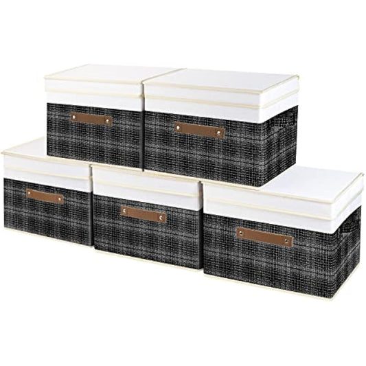 TYEERS Collapsible Storage Box with Lid, Patchwork Design, Decorative, Fabric Storage Box for Clothes, Wardrobe Storage, 38x25x25 cm, Set of 5, Black
