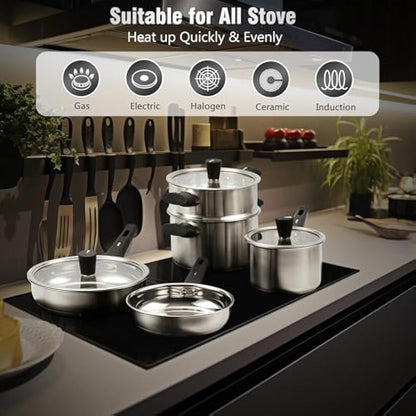 Stainless Steel Saucepan Set, 14-Piece Non Toxic Cookware Set with Stay-Cool Handle, Kitchen Induction Hob Pots and Pans Set with Steamer, PFOA/PFOS/PTFE Free, for All Stove