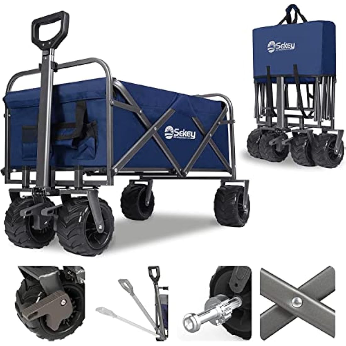 Sekey Folding Festival Trolley with Wide All-Terrain Wheels, 440LB Large Load Capacity, Heavy-Duty Camping Wagon with Brake, Sturdy Beach Garden Cart, Adjustable Handles & Drink Holders, Blue
