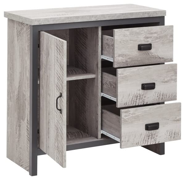 GFW Boston Grey Wood Effect 1 Door 3 Drawer Multi Storage Unit Cabinet