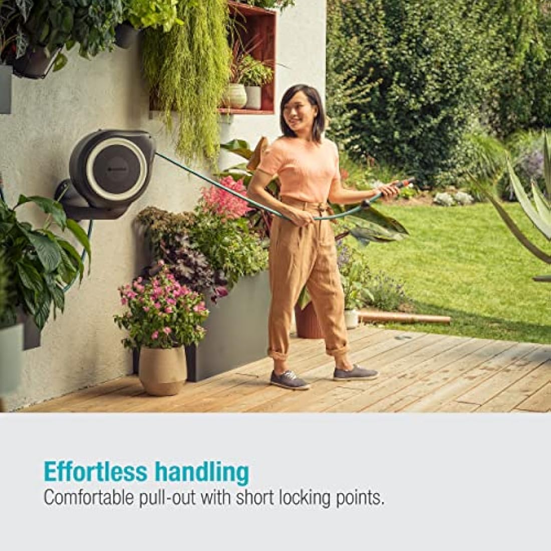 Gardena Wall-Mounted Hose Box Rollup M 20 m: Flexible Watering for Medium-Sized Gardens, Swivel Hose Reel, with Wall Bracket, System Parts and Nozzle, Including 20 m Gardena Hose (18612-20)