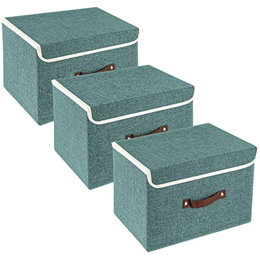 TYEERS Collapsible Storage Box with Lid, Fabric Storage Box for Clothes, Wardrobe Storage, 38x25x25 cm, Set of 3, Aqua Deep