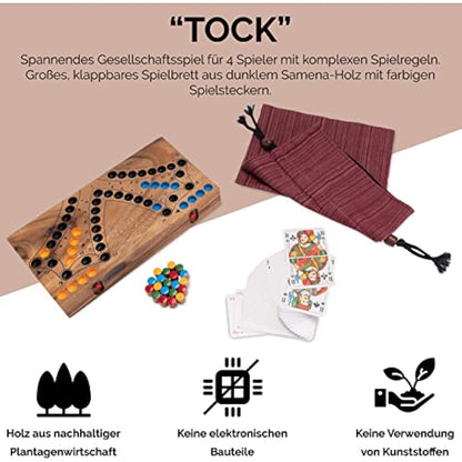 LOGOPLAY Tock for 4 Players - Board Game with Playing Cards - Wooden Board Game with Folding Board