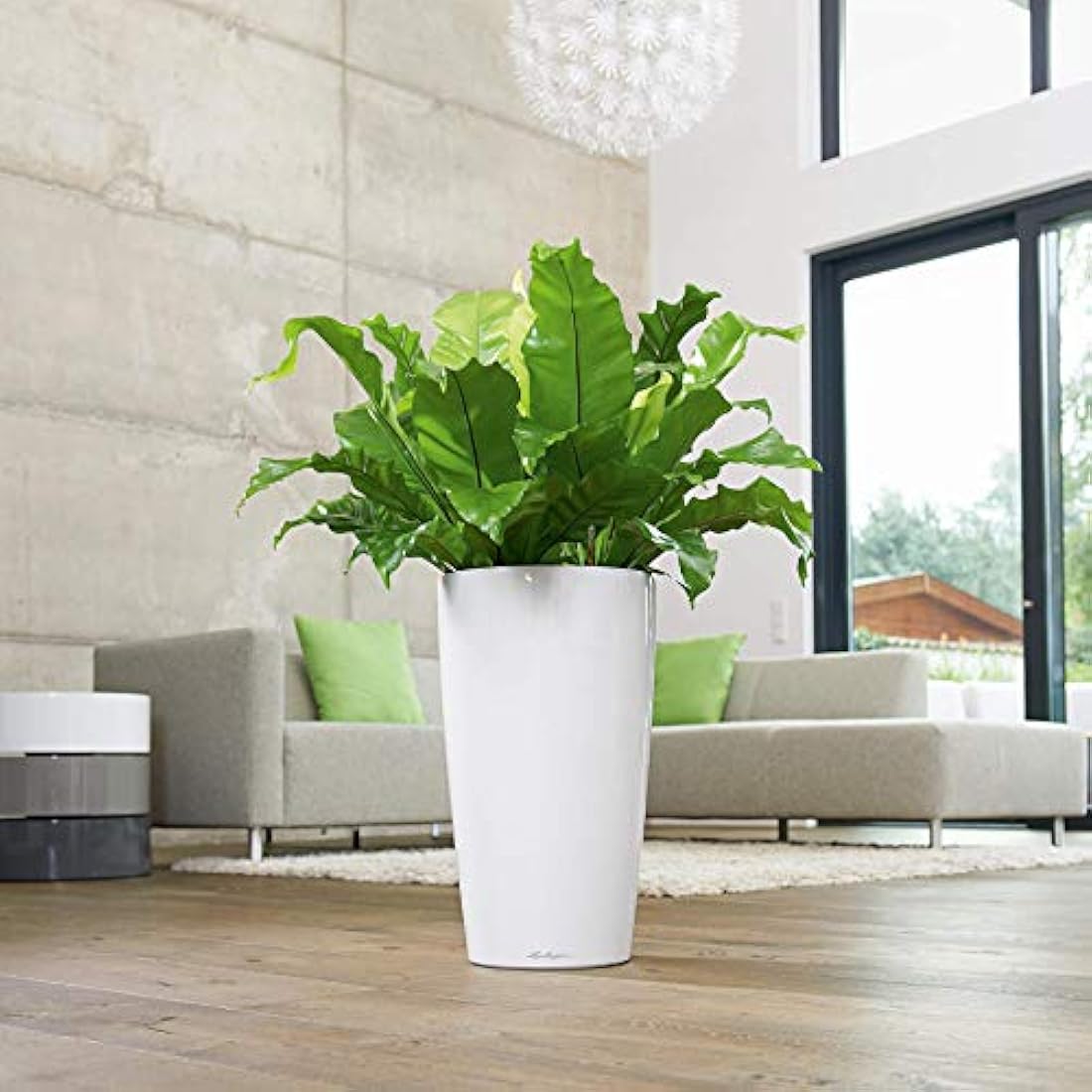 Lechuza RONDO 32 Self Watering Planter Large Plastic Indoor and Outdoor Plant Pot with Drainage Hole D32 H56 cm White High-Gloss