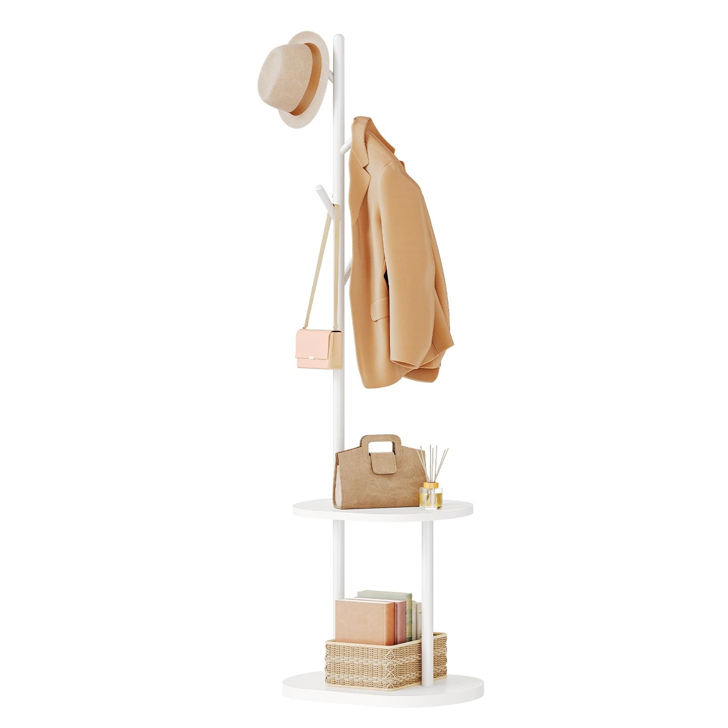 HOOBRO Coat Stand, Freestanding Coat Rack with 2 Shelves and 4 Hooks, Coat Stands for Hallway, Hall Tree Clothes Rail with Thickened Base