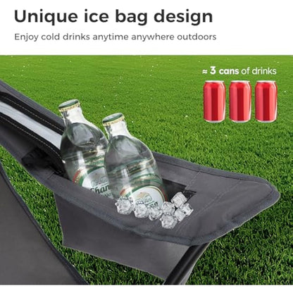 LET'S CAMP Camping Chairs 2 Pack, Set of 2 Folding Chair, Lightweight Picnic Chair with 3-Can Cooler Bag, Cup Holder,Storage Pocket, Supports 100kg (Grey)