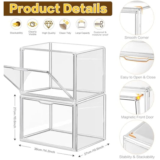 Giyiprpi 4 Packs Plastic Purse Storage Organizer for Closet, Clear Display Case for Purse and Handbag, Stackable Storage Boxes Organizer with Magnetic Door for Wallet Book Cosmetic Toys Display