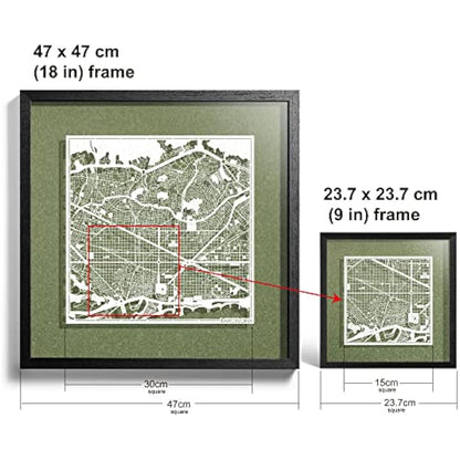 O3 DESIGN STUDIO Barcelona Marco de Papel para mapas, White map, Black frame, 9x9 inches, Gift Boxed, 4 background color, self-changing, Paper Art