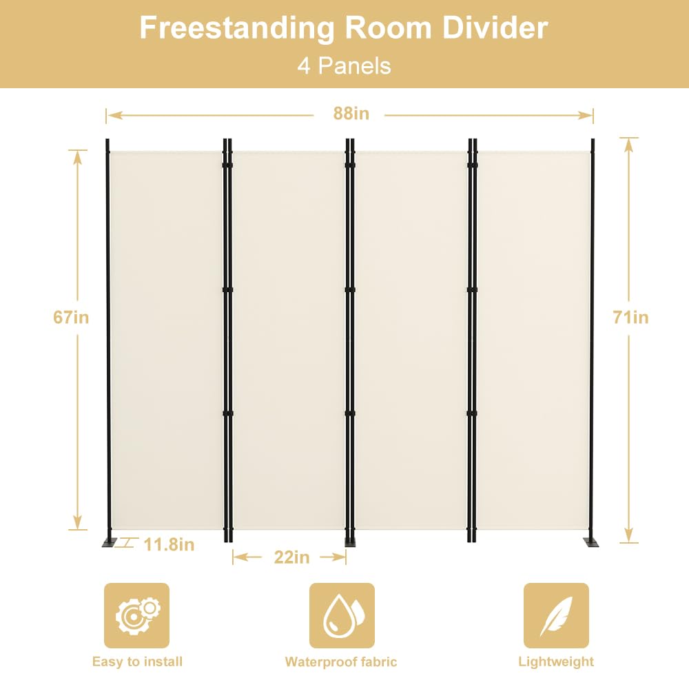 Kokorona Folding Room Divider 4 Panel, Portable Privacy Screen for Home Office, Partiton Wall Room Divider for Room Separation, Included-Cover Strips