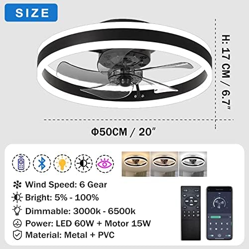 OMGPFR LED Ceiling Fans with Lights Reversible Remote, 6 Speeds Modern Bedroom Fan Ceiling Light Quiet Dimmable Small Ceiling Fan Light for Living Room, White 50CM